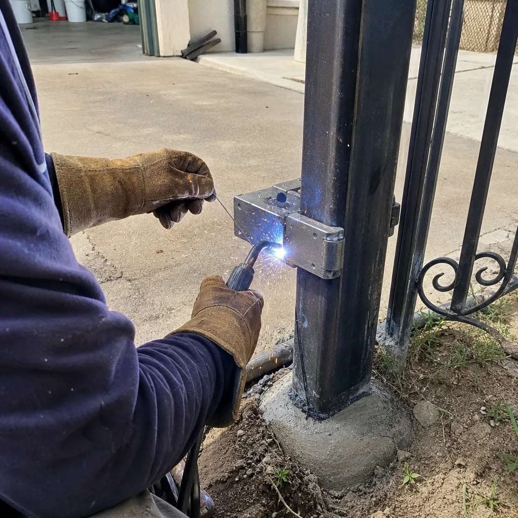 Professional technician welding a metal gate hinge for repair