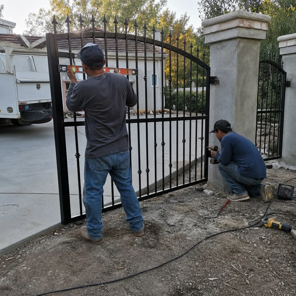 Two professionals installing a black metal security gate on a residential property
