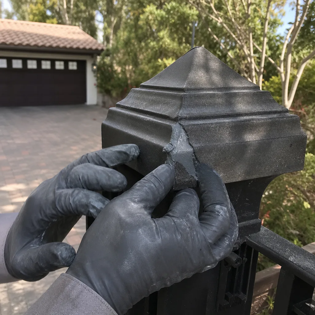 Professional repairing a crack on a decorative metal gate post finial.