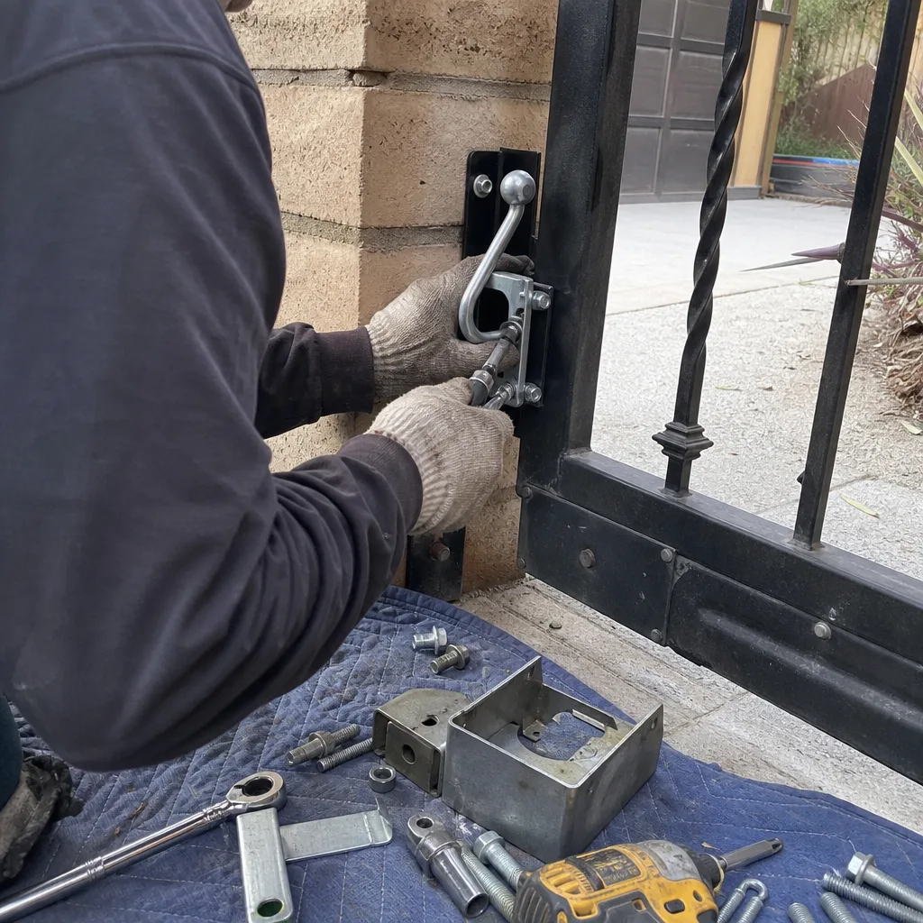 Technician performing professional metal gate repair and hardware maintenance